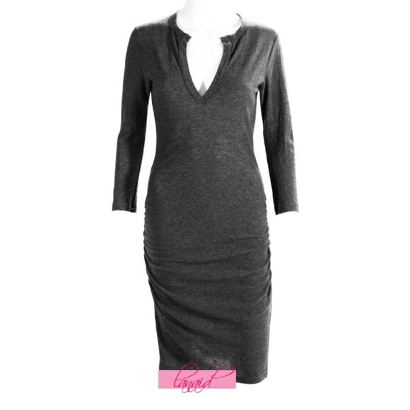 James Perse Henley Dress Deep Charcoal Melange Heathered V-Neck Ruched Mini 0 XS - Picture 5 of 8